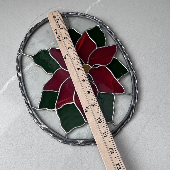 Poinsettia Christmas Floral Painted Suncatcher Oval 2-Loop Hanging Stained Glass - Picture 5 of 6